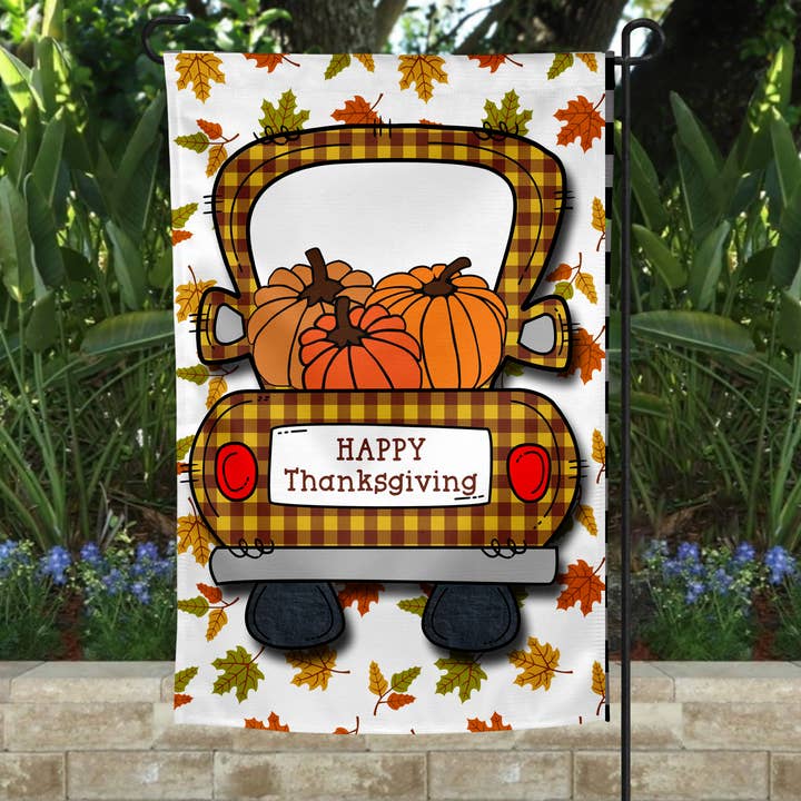 Garden Flag - Happy Thanksgiving Truck with Fall Leaves for wholesale by The Spotted Zebras