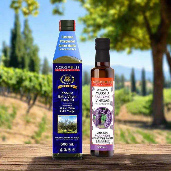 Huile d'olive extra vierge biologique certifiée - 500 mL & Vinaigre balsamique Mousto - 250 mL pour la vente par Acropolis Organics
