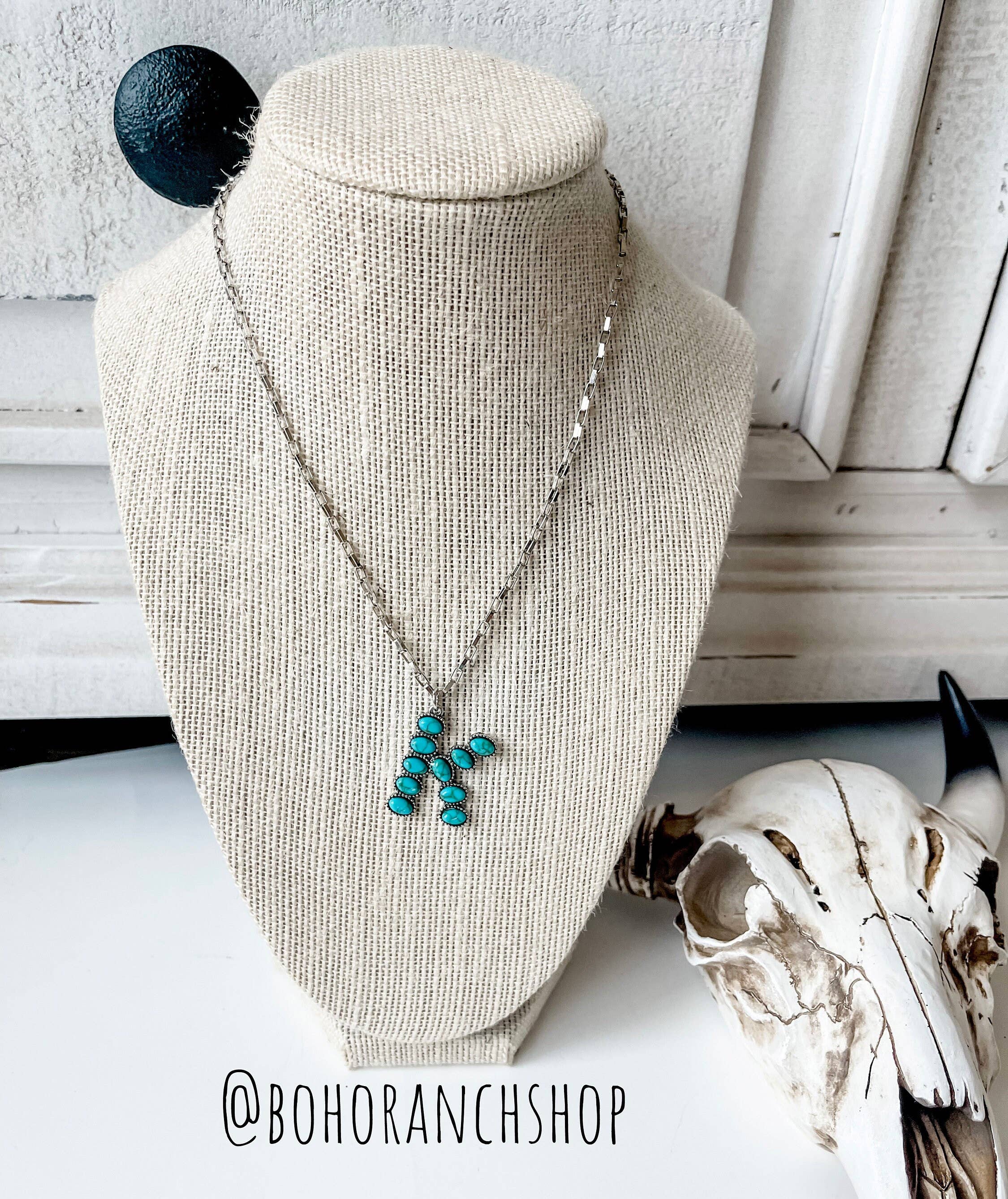 Boho Ranch Shop - Wholesale Pendant/Charm Necklace - Western Turquoise Oval Stone Initial Necklace5