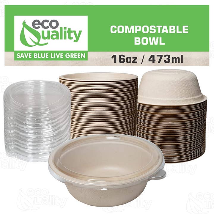EcoQuality – wholesale Disposable plate – 16oz Compostable Heavy Duty Disposable Bowls w/Lids, Ecofrie