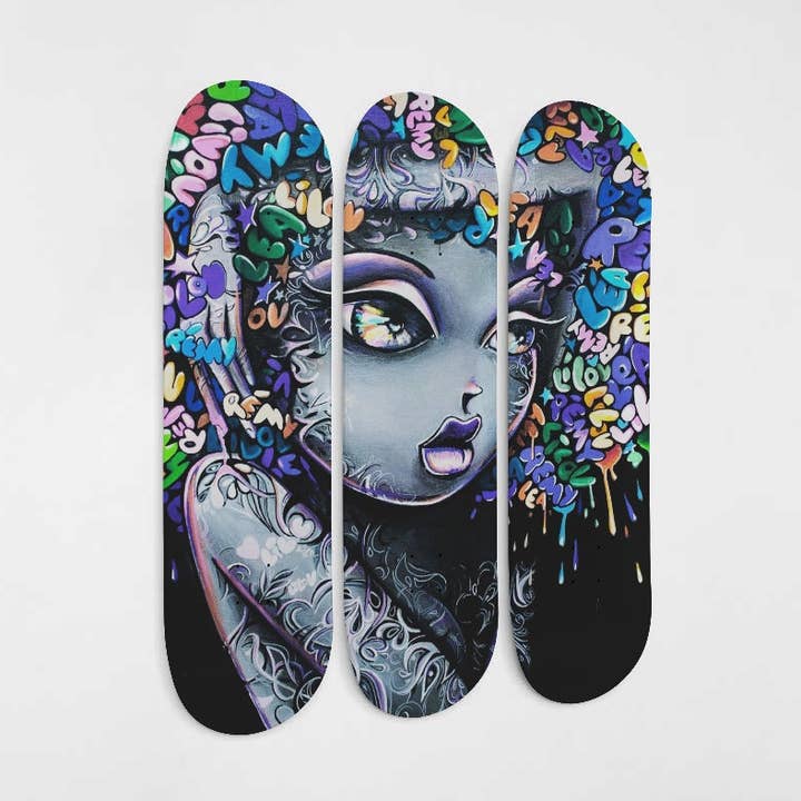 Beautiful Girl Graffiti Skateboard Wall Art Pop Art For Living Room Decor Pro-Grade Maple Wood Wall Hanging for wholesale by SkateboardArtsy