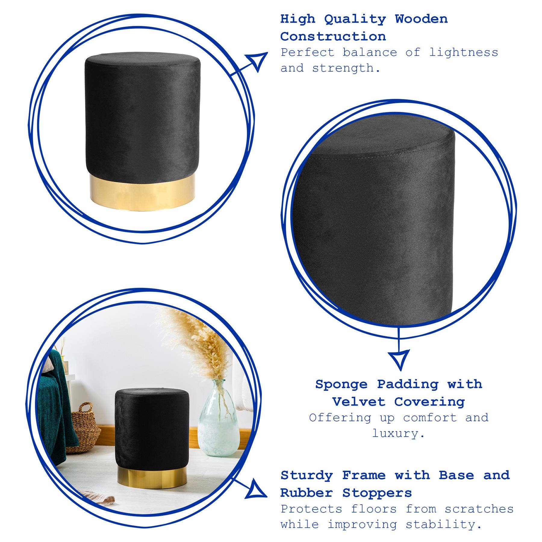 Rinkit Ltd – Großhandel Hocker – Runder samtbezogener Hocker als Fußbank – 29 cm Durchmesser x 36 cm Höhe – von Harbour Housewares32