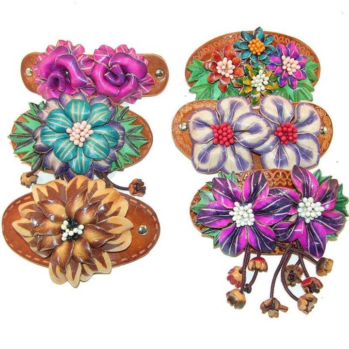 Assorted Genuine Leather Hair Barrettes (Wood Stick) for wholesale by Sunflower Handmade leather inc