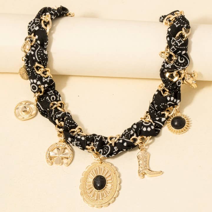 Anarchy Street - Wholesale Pendant/Charm Necklace - Western Stone Set Concho Charms Paisley Bandana And Chain Braided Necklace3