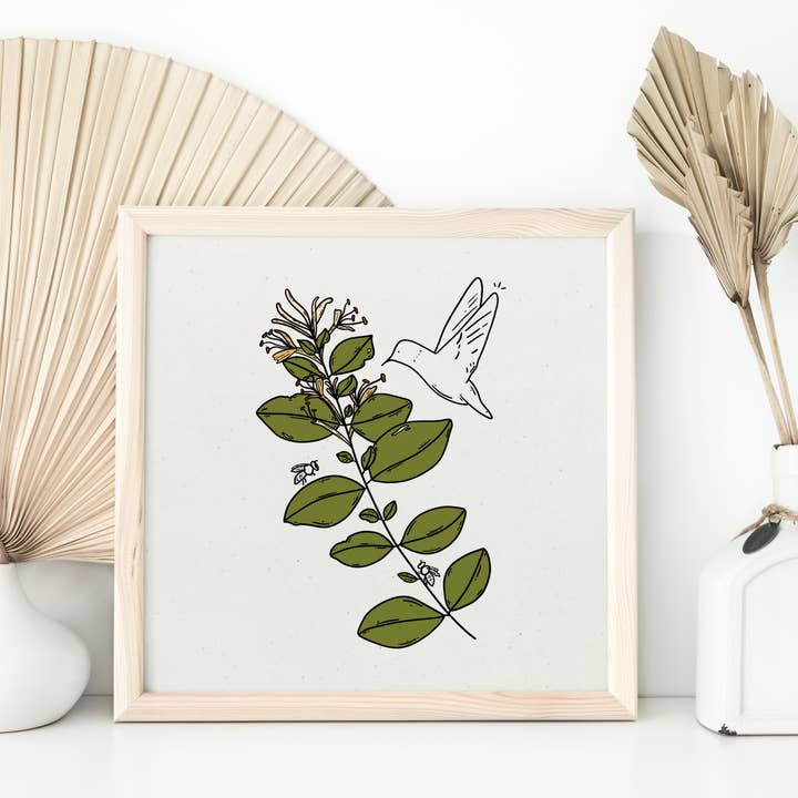 Honeysuckle, Hummingbird Print, Plant Print, Plant Wall Art for wholesale by Sun in Ink