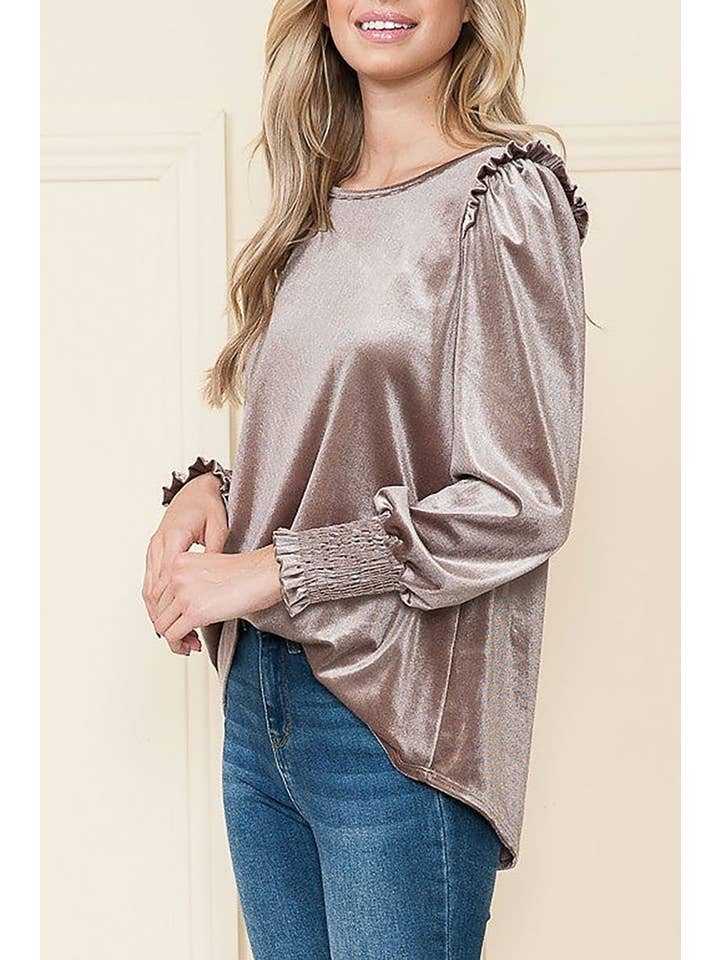 ROUSSEAU - Wholesale Blouse - Women's - VELVET RUFFLED LONG SLEEVES TOP