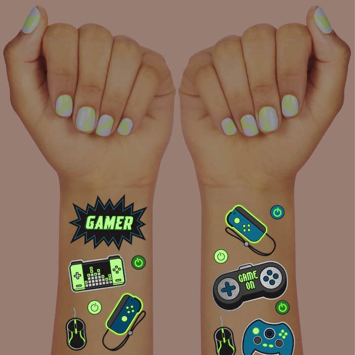 Petit Fetti - Vente Tatouage temporaire – enfant - Tatouages temporaires Gamer Glow In The Dark pour enfants, activité, faveur