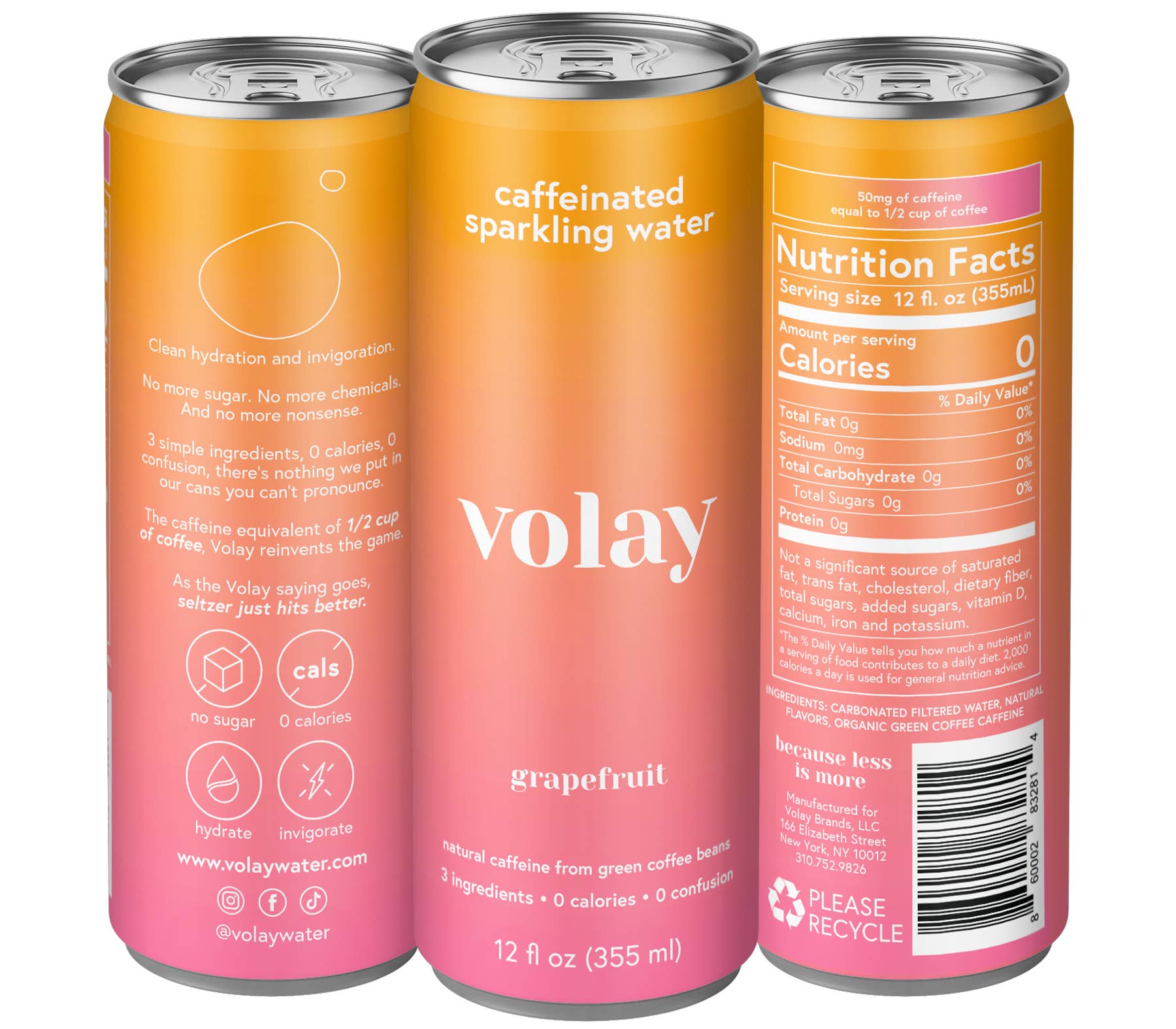 Volay - Wholesale Sparkling Water - Volay Caffeinated Sparkling Water | Grapefruit | 12 Pack
