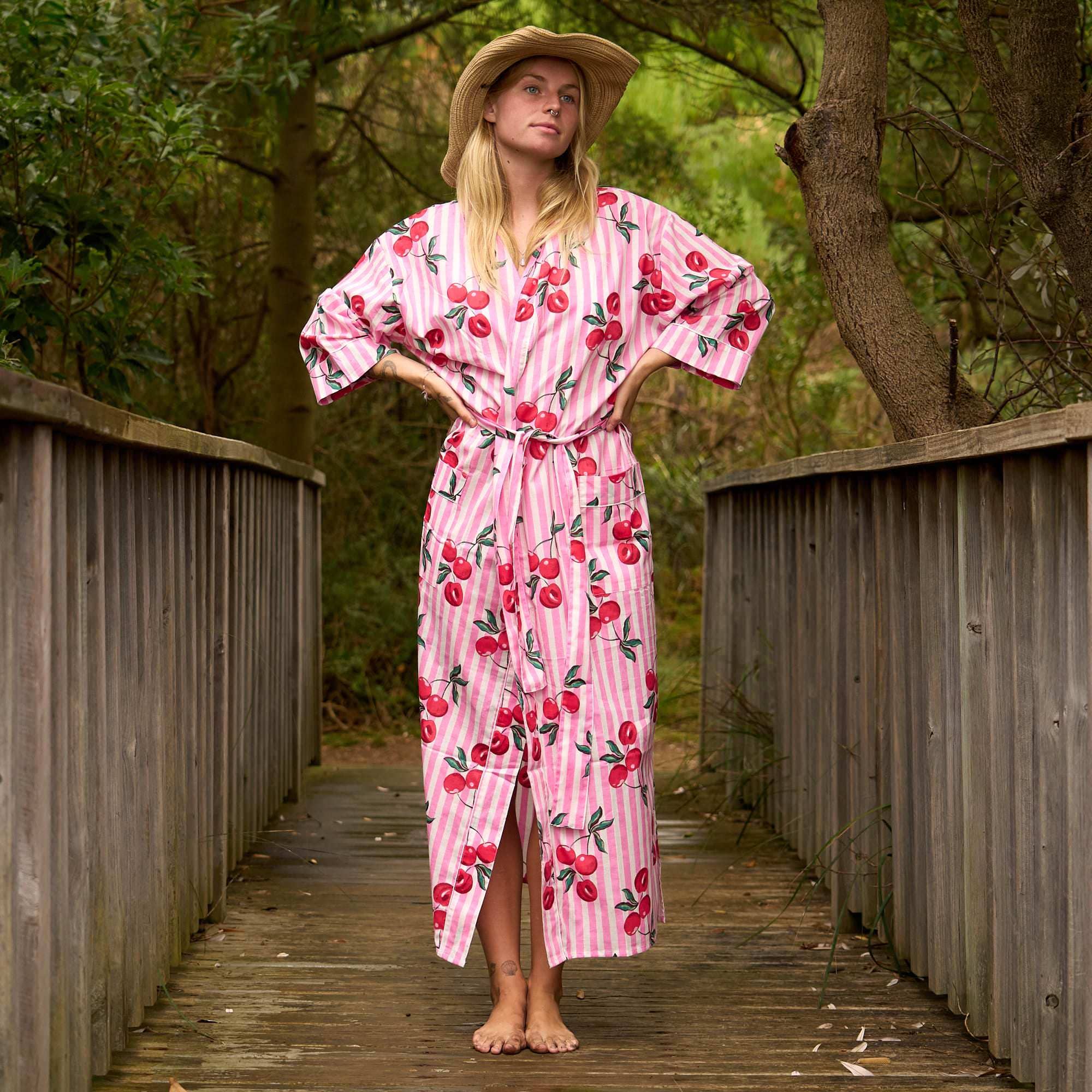 Glamthread – wholesale Robe – Women's – Women’s Pink Cherry Kimono Robe – Lightweight Cotton Cover-Up1