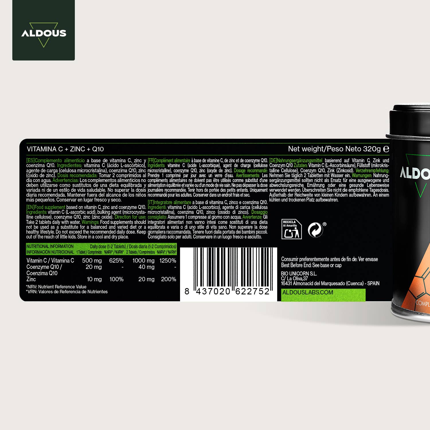Aldous Bio - Venta al por mayor Suplementos/vitaminas para beber - Vitamina C con Zinc y Q10 Aldous | 400 comprimidos5
