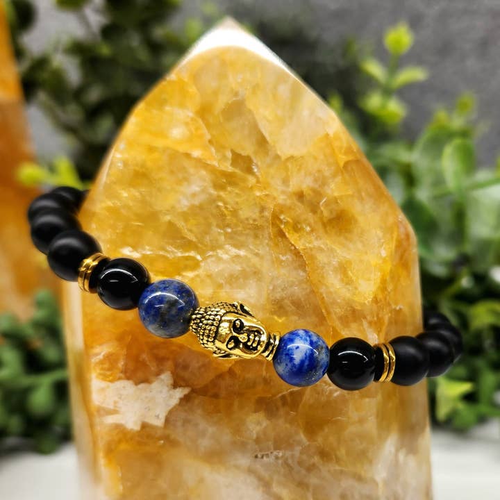 Meraki Gemstones – Engroshandel Perlearmbånd – Buddha perle med Lapis & sort Obsidian-mat armbånd 8mm