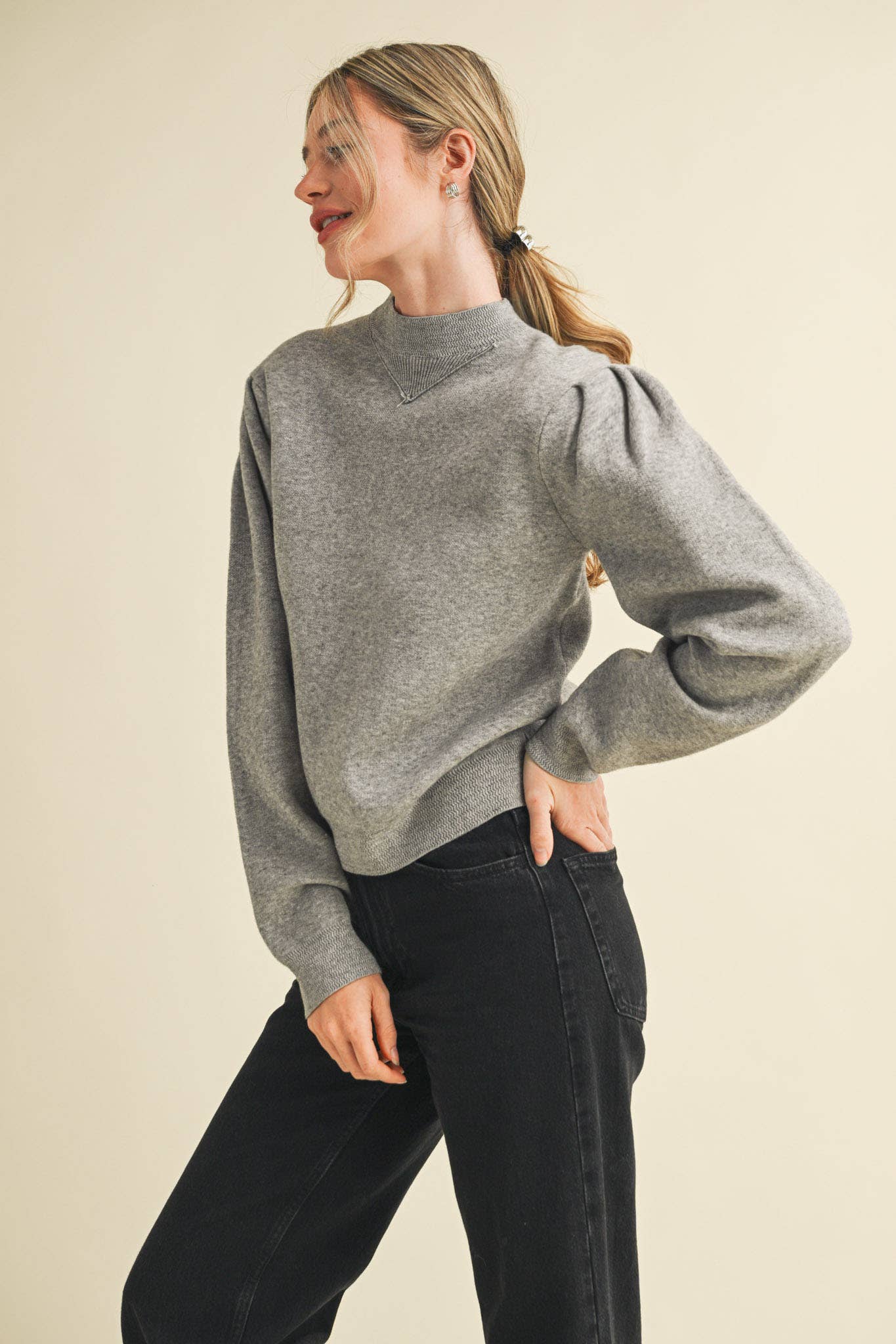 &MERCI - Wholesale Knit Sweater - Women's - MOCK NECK PUFF SLEEVE SWEATER MSW110304