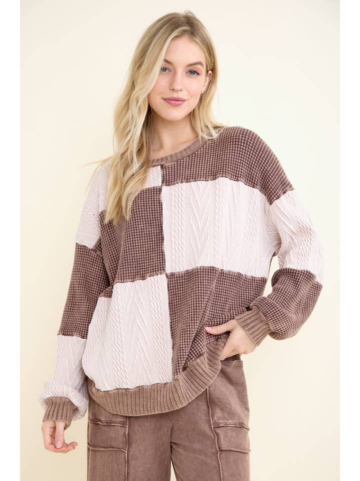 J.Her - Wholesale Knit Sweater - Women's - Mineral Washed Fall Winter Boho block Sweather Top HT67911