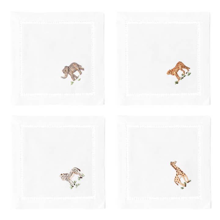 Henry Handwork - Wholesale Dinner & Cloth Napkin - African Animal Cocktail Napkins | Mixed Set of 4