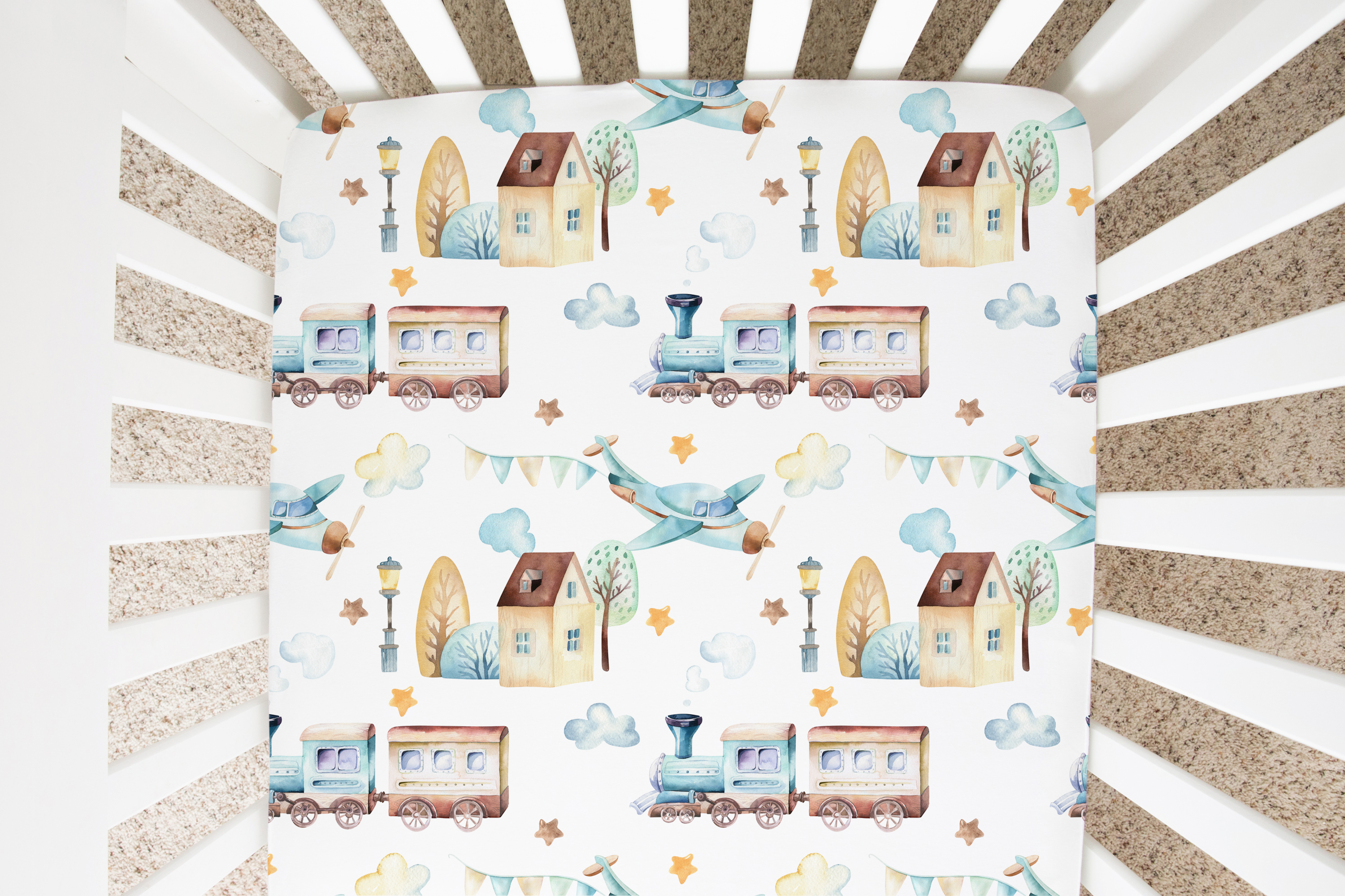 Honey Lemonade- Minky Baby Blankets and Gifts - Wholesale Cot/Crib Sheets - Fitted Crib Sheet - Airplane & Train5