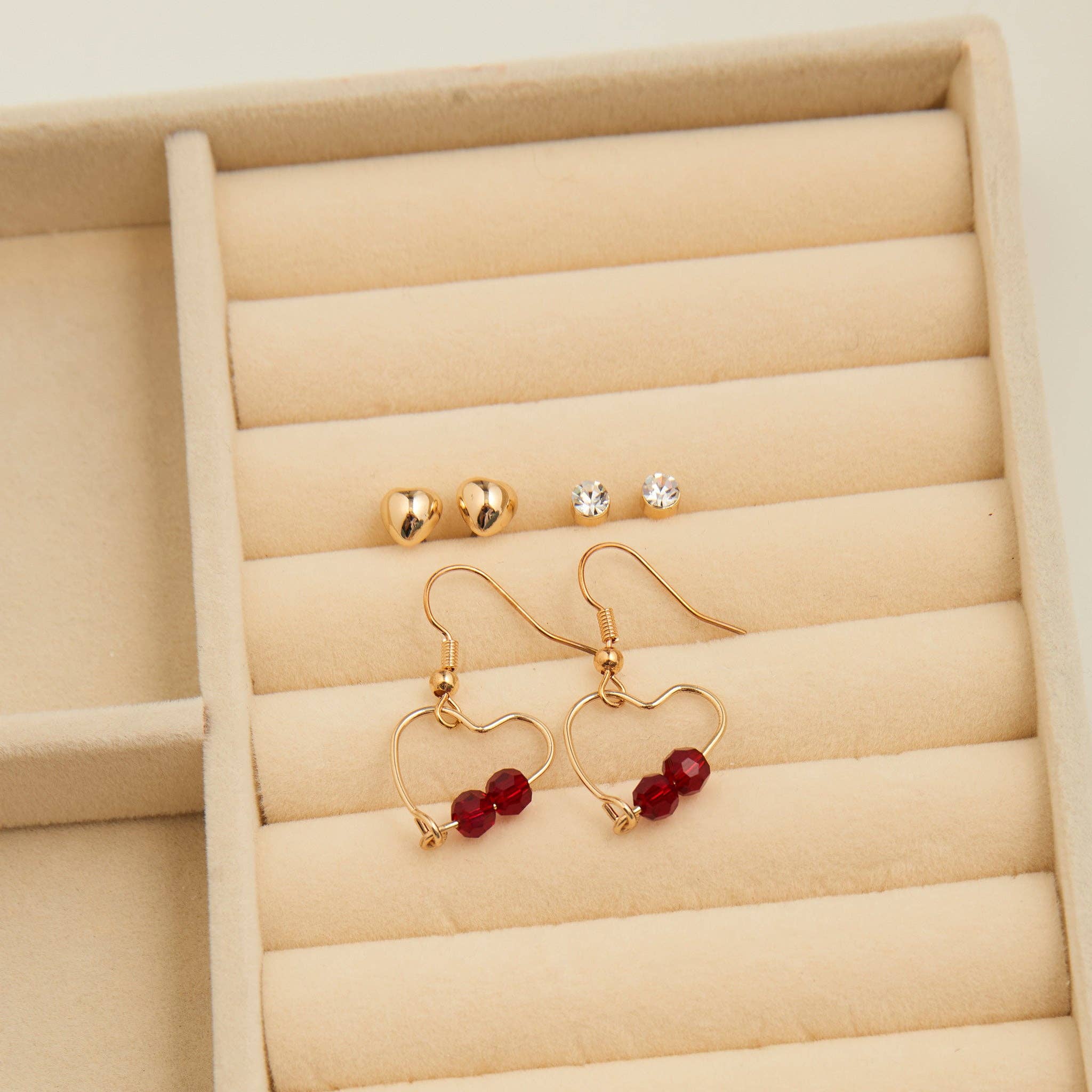 Elsie & Zoey - Wholesale Jewelry Set - Earring Trio Set Mina Heart Frame Stud + Dangle Red Gem1