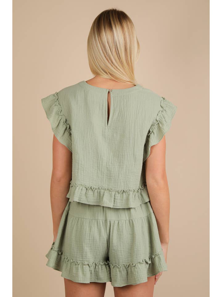 VERY J - Wholesale Top & Short Set (NOT Loungewear) - Women's - NT12150SET-Ruffled Solid Woven Top & Shorts Set10