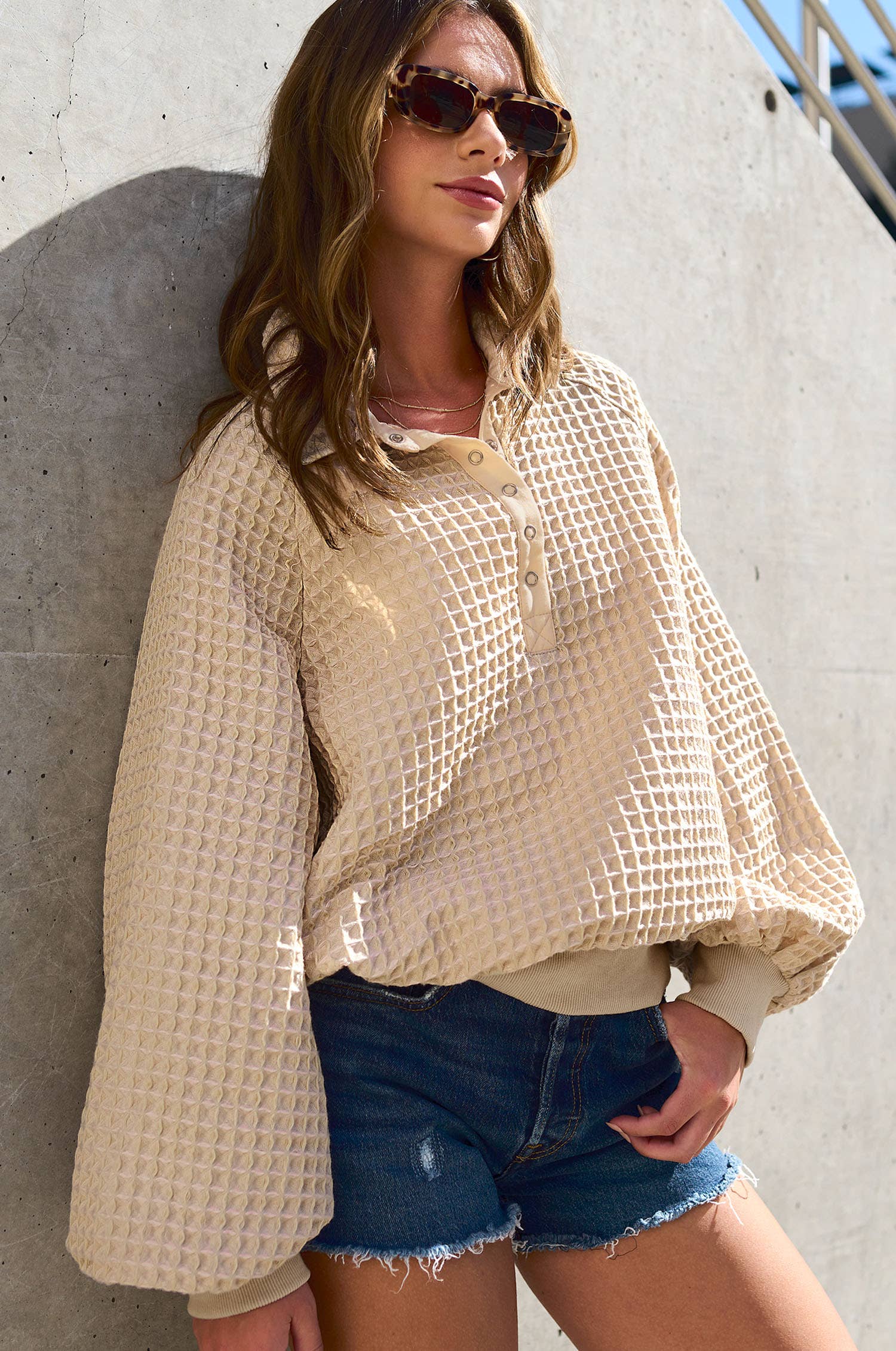 La Miel - Wholesale Sweatshirt - Women's - HCS3576-Unique Two Tone Textured Snap Button Front Top18