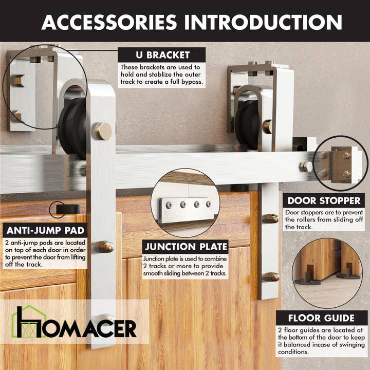 Homacer INC - Wholesale Knob/Pull - Double Track U-Shape Bypass Sliding Barn Door Hardware Kit - Classic Design Roller6
