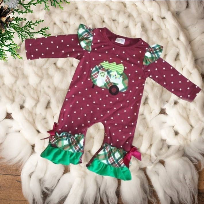 LIQUIDAÇÃO Macacões com Folhos - Padrão de Bolinhas em Borgonha por atacado de Rufflеѕ & Bоwtіеѕ - Affordable Boys & Girls Clothing