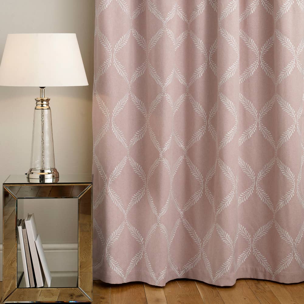 Olivia Lattice Embroidered Pencil Pleat Curtains Blush for wholesale on Faire2