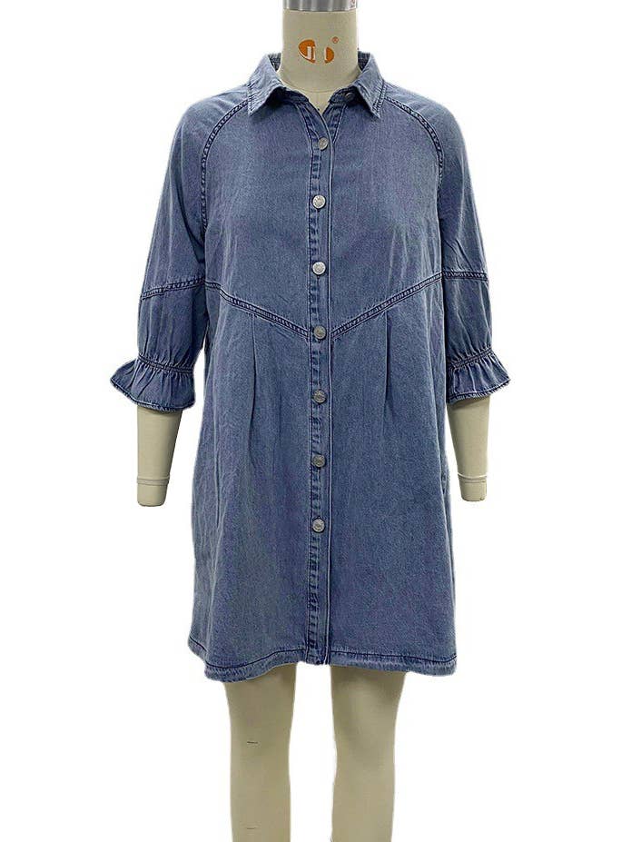 HIDDENBRAND - Wholesale Dress - Women's - Balloon sleeve denim shirt mini dress19