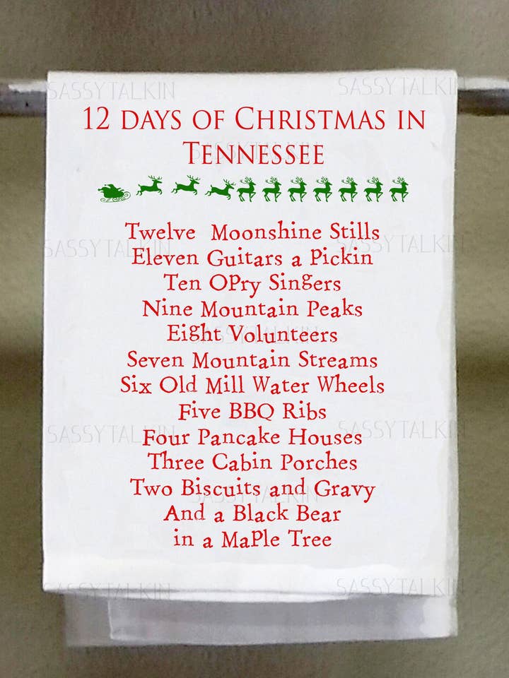 Dish Towel, Christmas, 12 Days of Christmas Tennessee for wholesale by Sassy Talkin