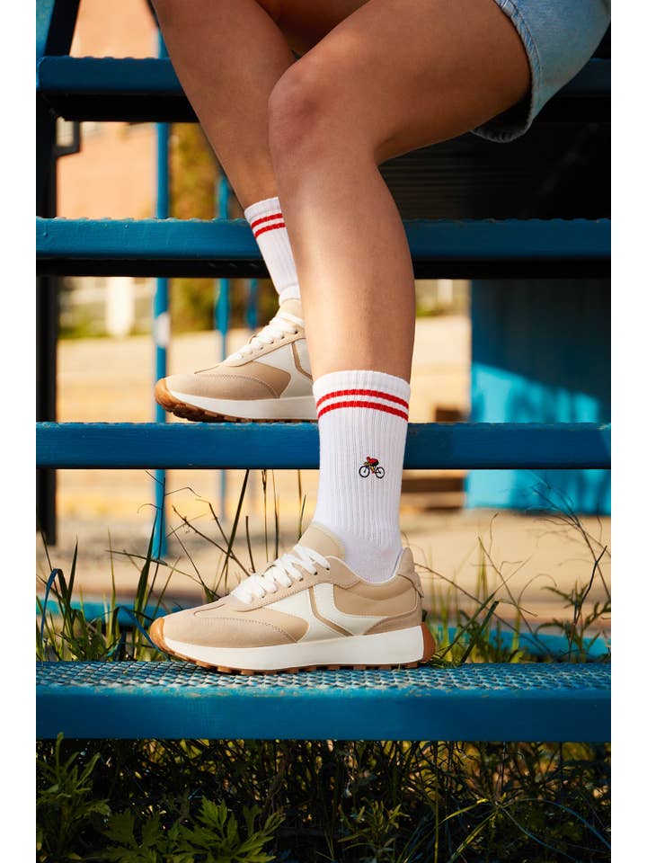 Natural Vibes - Wholesale Socks - Unisex - Bicycle Socks - Organic White Crew Socks with Cyclist