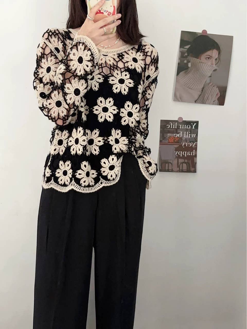 Noir Haut en maille crochet bohème à manches longues en vente sur Faire1