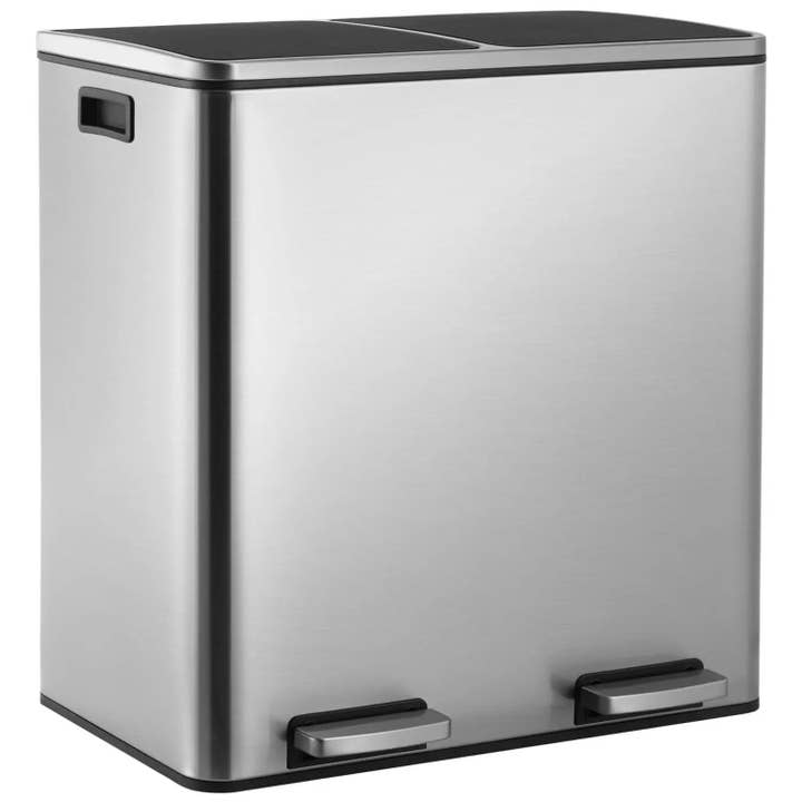 60L/16Gal Rectangular Hands-Free Dual Compartment Recycling Kitchen Step Trash Can with Soft-Close Lid Brushed Stainless Steel for wholesale by American Smart