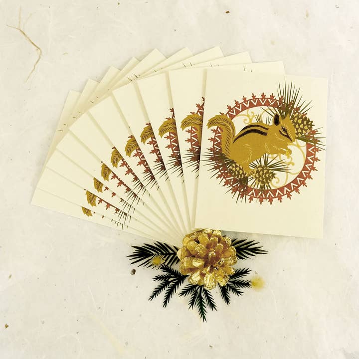 Boxed uppsättning 10 Chipmunk Holiday papper kort för wholesale av Little Gold Fox Designs