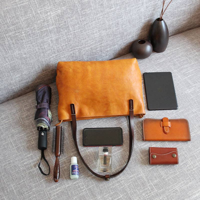 RockCow Leather Studio - Wholesale Tote Bag - Women's - Handmade Vegetable Tanned Leather Tote Bag Leather Shopping Bag Vintage Woman Leather Shoulder Bag Large Work Tote Bag2
