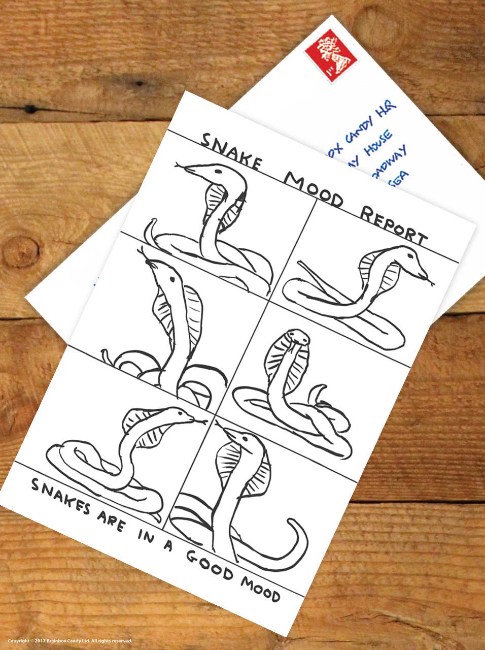 David Shrigley x Brainbox Candy - Wholesale Postcard - Funny A6 Art Postcard By David Shrigley - Snake Mood Report1