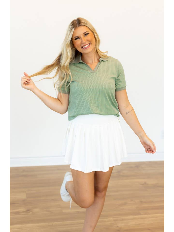 Rib Knit Polo Top, Sage Green for wholesale on Faire2