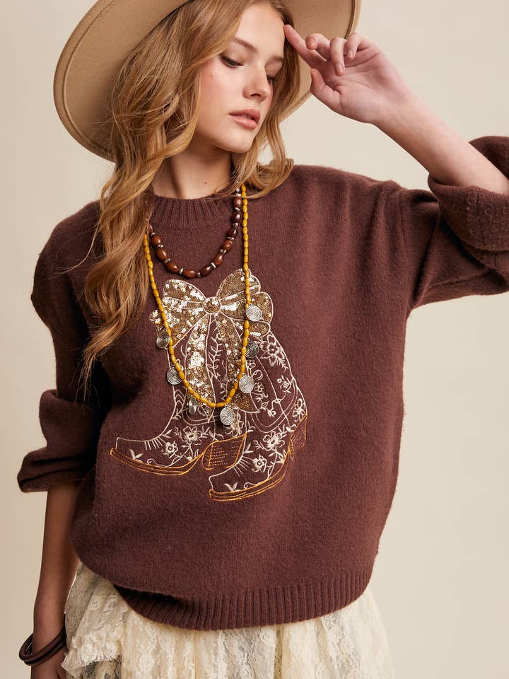 Sequin Bow Cowboy Boots Sweater LSW1036 for wholesale by Listicle