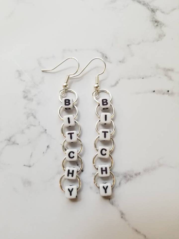 Beaded "Bitchy" Word Earrings for wholesale by Sapphire Creations