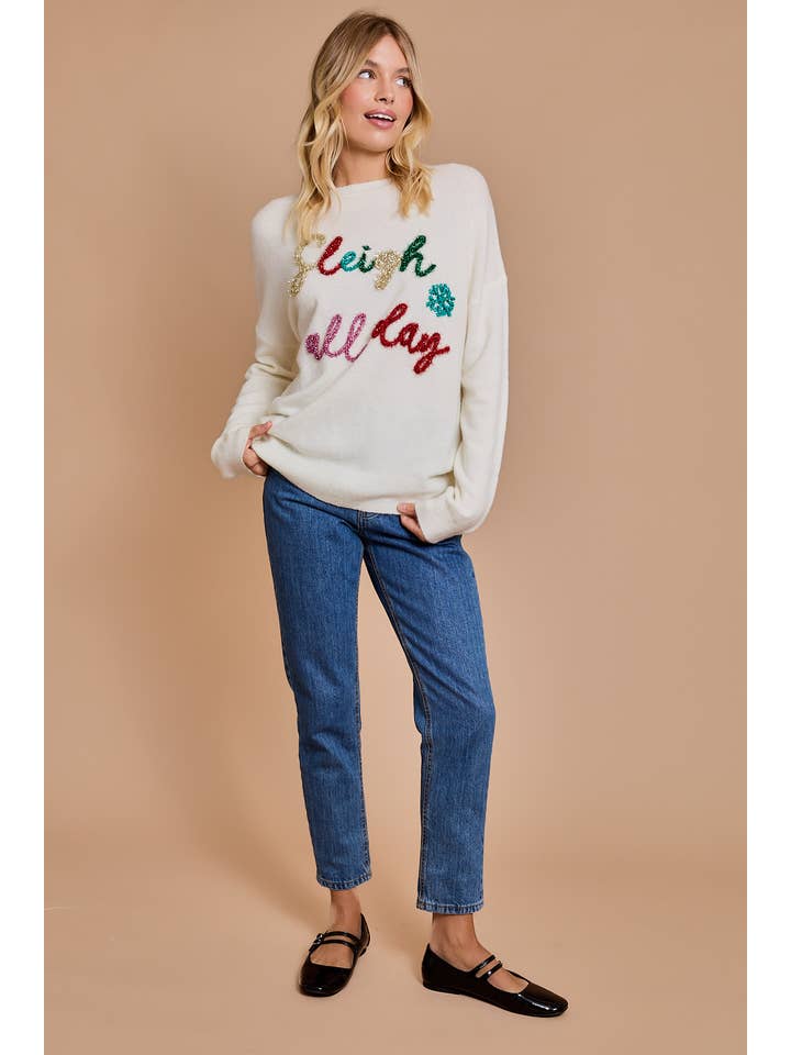 CREAM ROUND NECK LONG SLEVEE "SLEIGH ALL DAY" NOVELTY SWEATER for wholesale on Faire