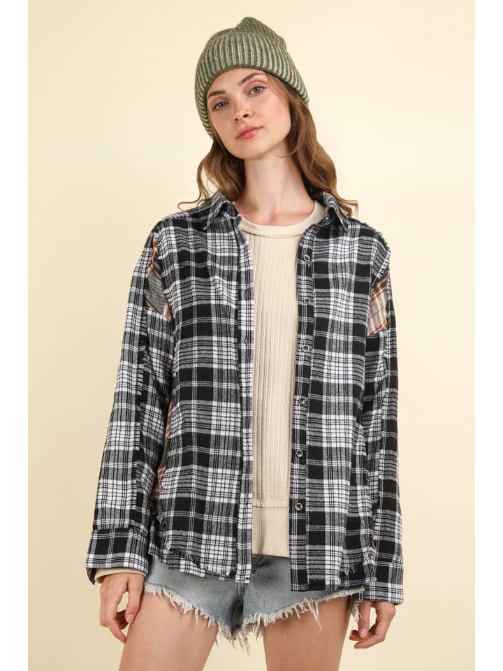 VERY J - Wholesale Button Down Shirt - Women's - NT11681-Contrast Plaid Detail Casual Shirt Top