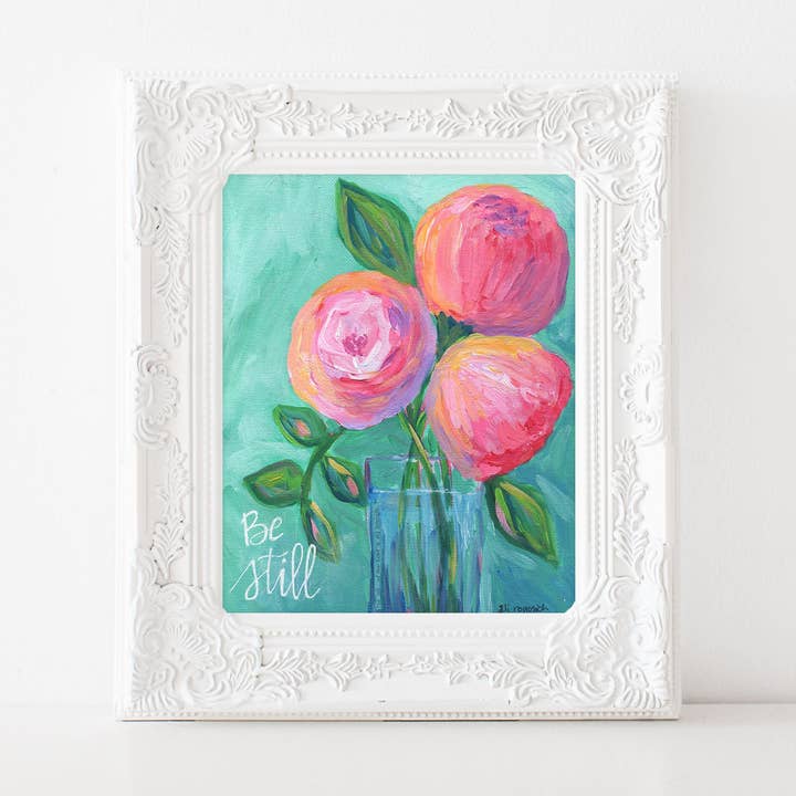 Art print: "Be Still" Aqua & Pink floral bouquet for wholesale by Art & Soul