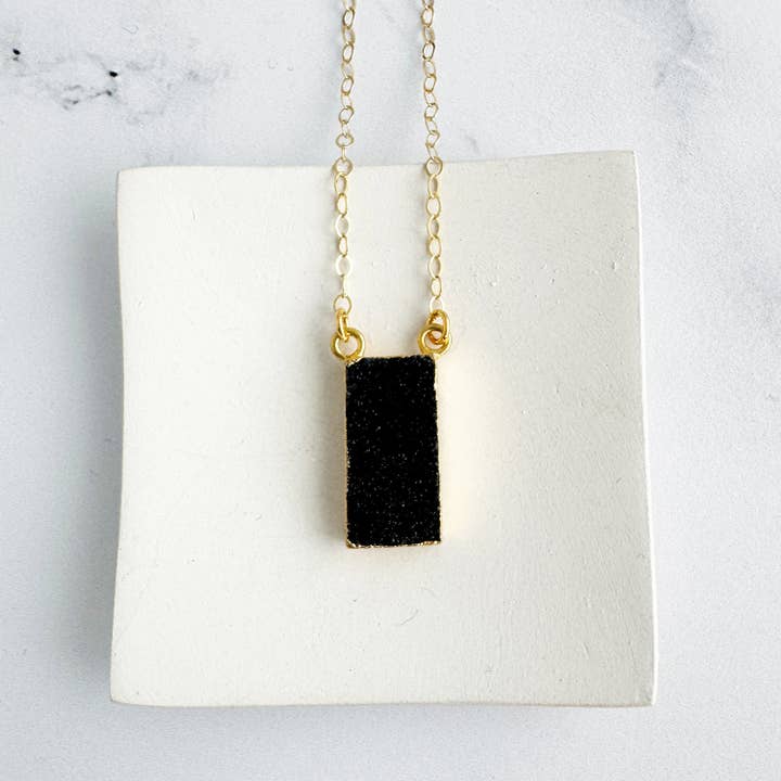 Vertical Bar Necklace in Gold – Black Druzy for wholesale by Rustic Gem Jewelry