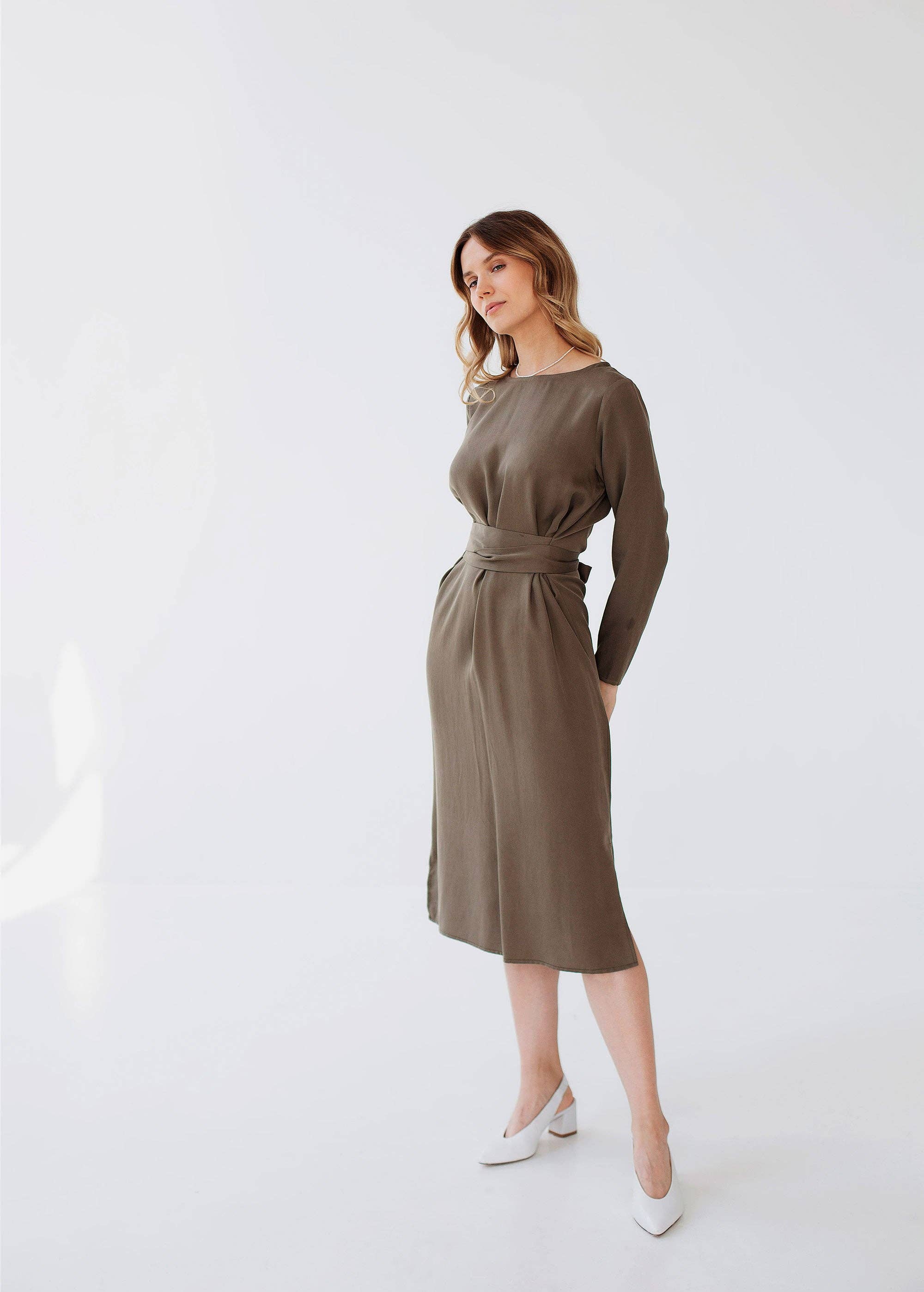Nich Linen - Wholesale Dress - Women's - Wrap linen dress, belted khaki green dress for women long6