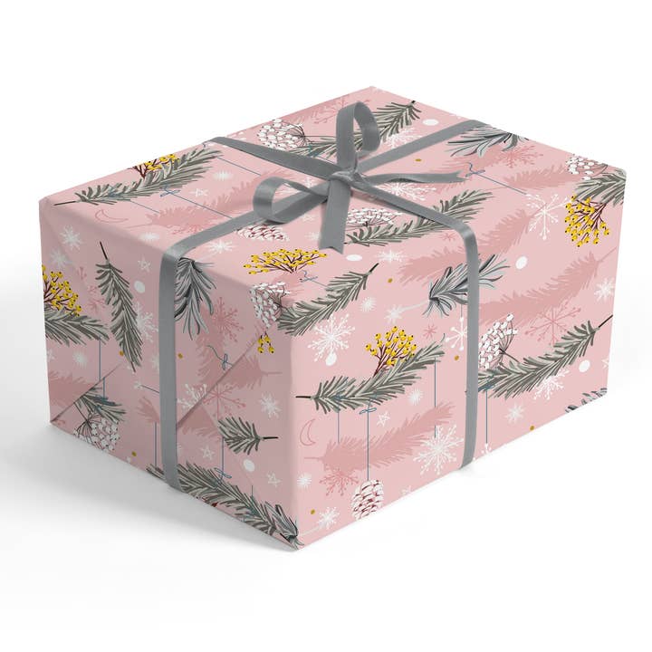 Vintage Pink Pine Branch Gift Wrap for wholesale by Stesha Wrapt