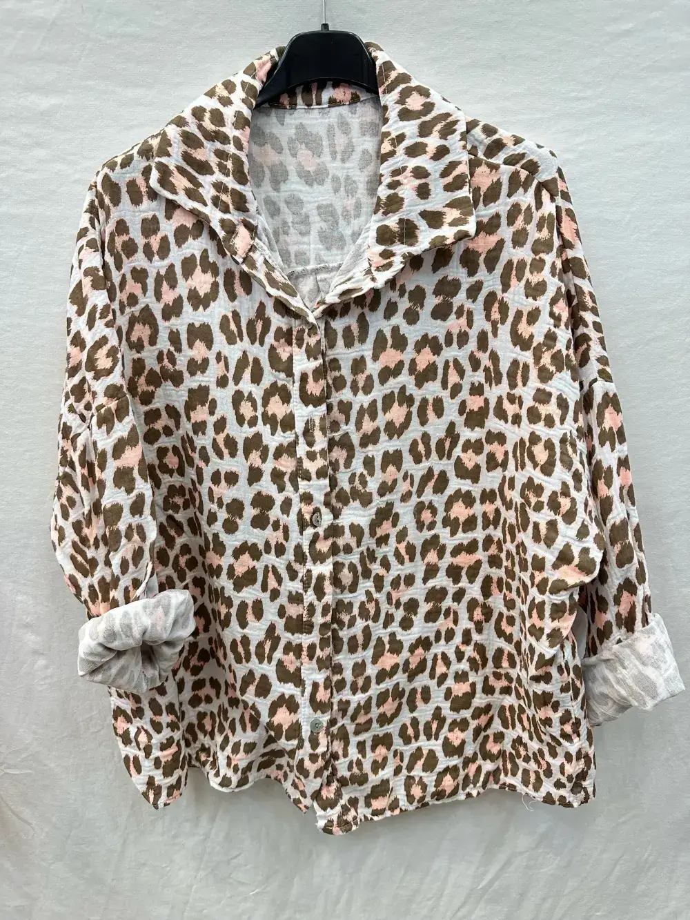 Mimi & Gogo - Vendita all'ingrosso Camicia button down - Donna - Camicia in garza di cotone con leopardo @8800_ChLeoGaze2