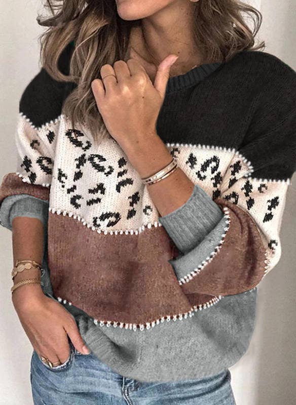 Lily Clothing - Wholesale Knit Sweater - Women's - LEOPARD PRINT PATCHWORK FASHION KNIT PULLOVER6