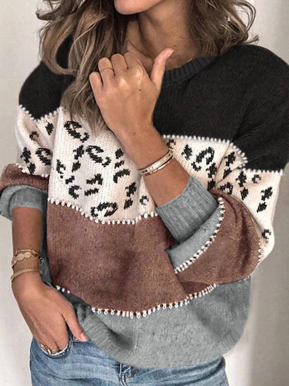 Lily Clothing - Wholesale Knit Sweater - Women's - LEOPARD PRINT PATCHWORK FASHION KNIT PULLOVER6