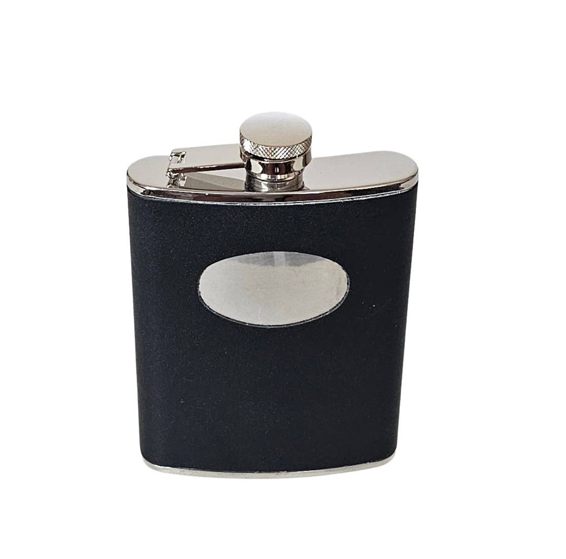 Corbell Silver - Wholesale Flask - Flask Captive Top BLACK LEATHER /STAINLESS 6 oz. WAS $29.500