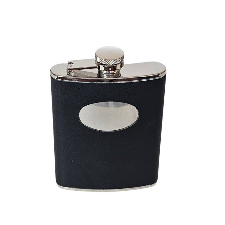Flask Captive Top BLACK LEATHER /STAINLESS 6 oz. WAS $29.50 for wholesale by Corbell Silver