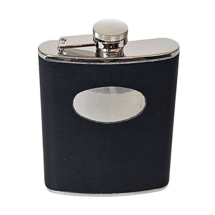 Corbell Silver - Wholesale Flask - Flask Captive Top BLACK LEATHER /STAINLESS 6 oz. WAS $29.500