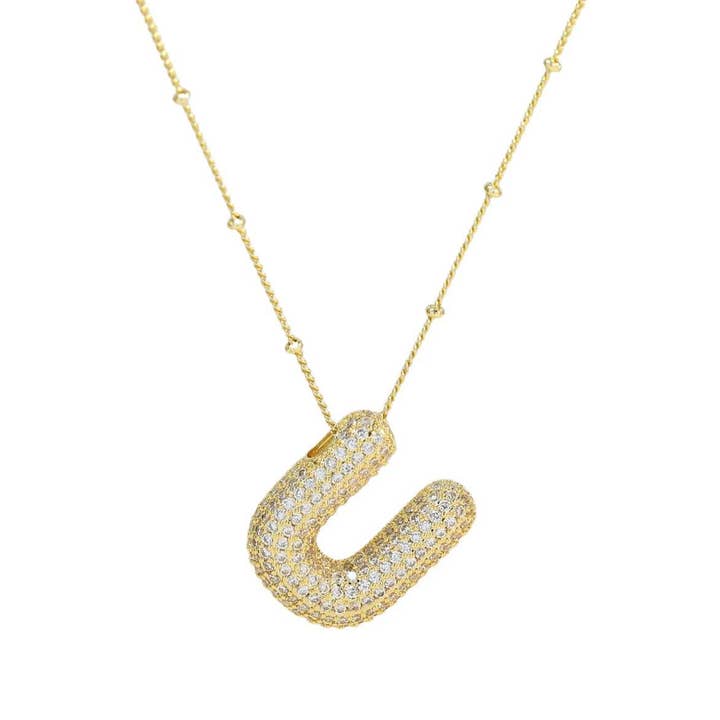 The Classy Cloth WS - Wholesale Pendant/Charm Necklace - Jeweled Cz Bubble Letter Initial Necklace - Gold RTS19