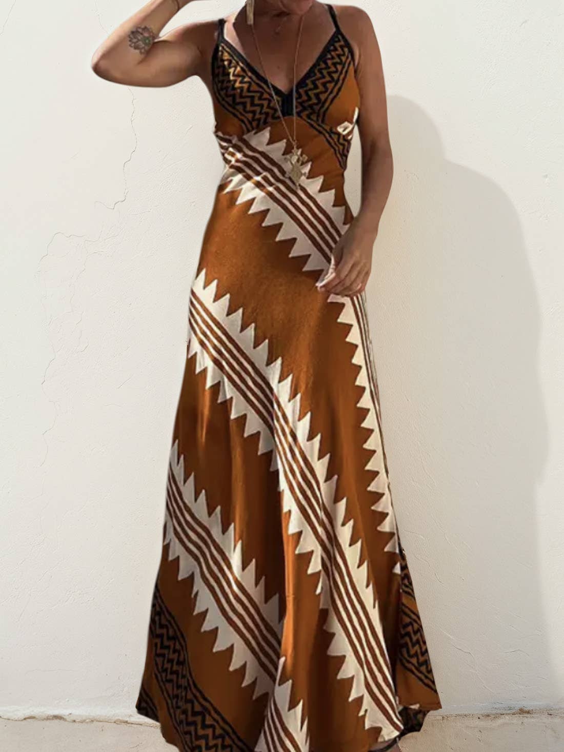 Ulivary - Wholesale Dress - Women's - Ethnic Print Slip Midi Dress with Adjustable Spaghetti Straps2